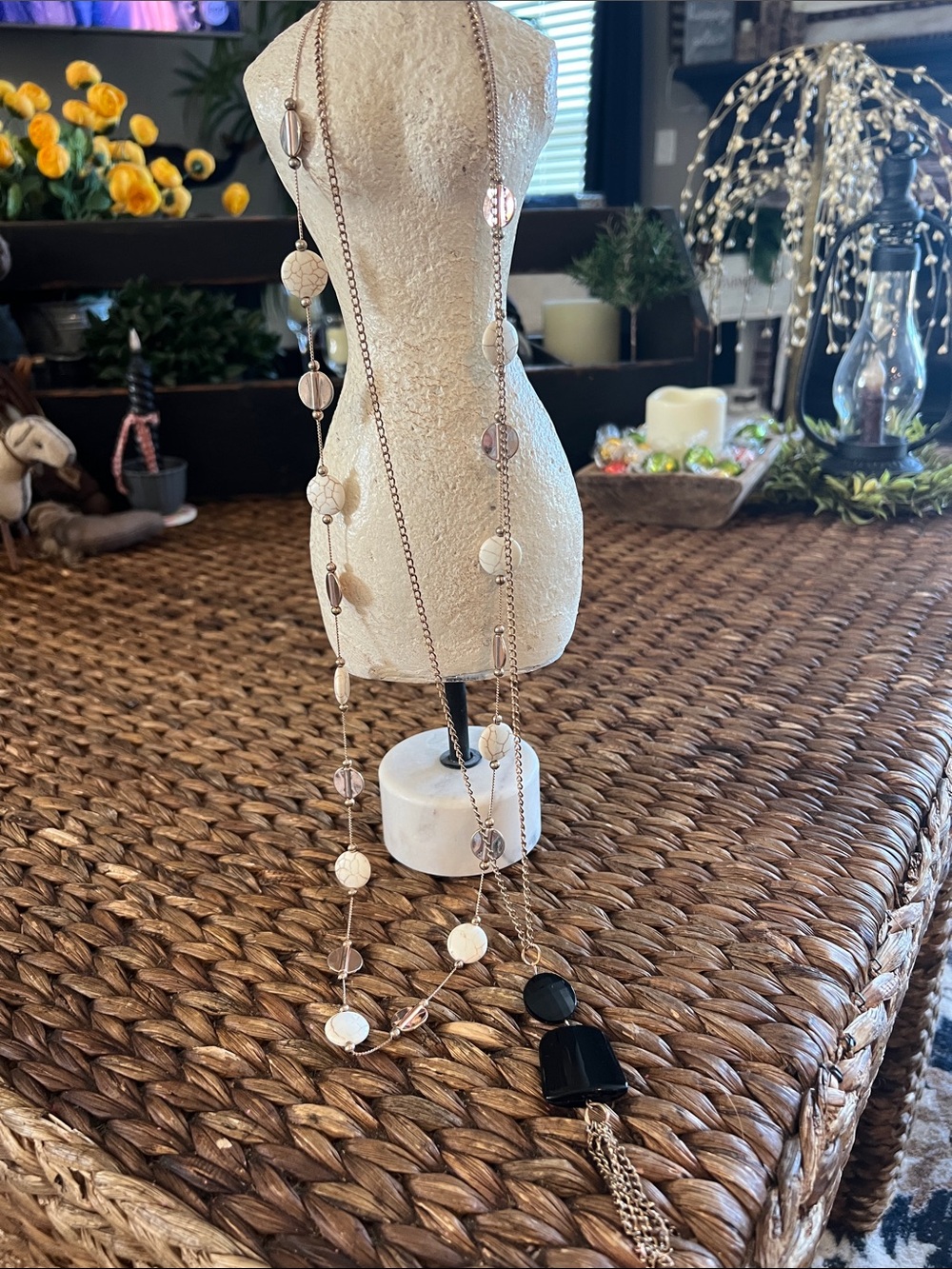 Long Layered Cream and Black Beaded Necklace